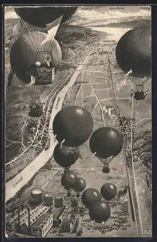 AK Zürich, Gordon-Bennet-Ballon-Wettfliegen Zürich-Schlieren 1909, Ballons beim Start