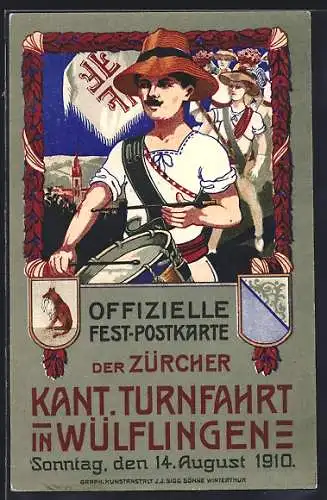 Künstler-AK Wülflingen, Zürcher Kant. Turnfahrt 1910, Trommler, Wappen