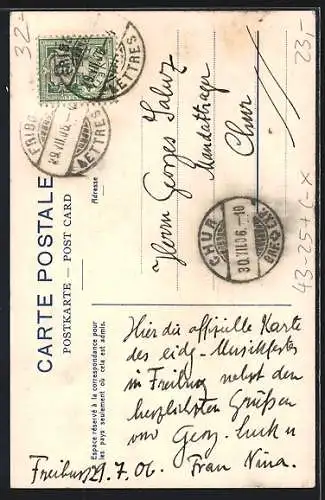 AK Fribourg, XIV. Fete Federale, Sängerfest 1906, Familie blickt auf die Stadt
