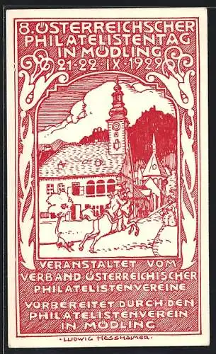 Künstler-AK Mödling, 8. Österreichischer Philatelistentag 1929, Reiter am Rathaus Österreich