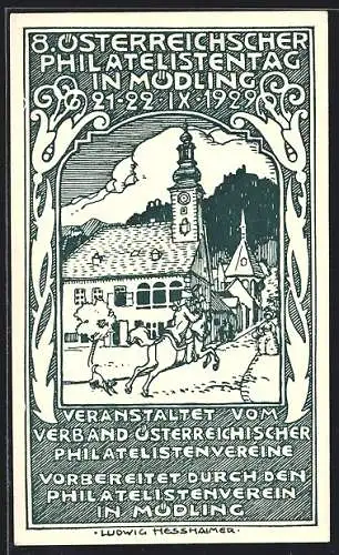 Künstler-AK Mödling, 8. Österreichischer Philatelistentag 1929, Reiter am Rathaus Österreich