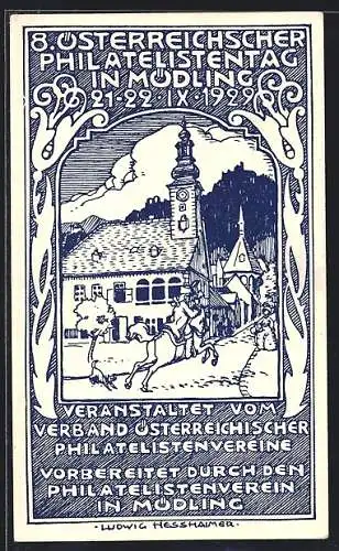 Künstler-AK Mödling, 8. Österreichischer Philatelistentag 1929, Reiter am Rathaus Österreich
