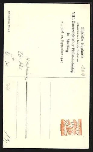Künstler-AK Mödling, 8. Österreichischer Philatelistentag 1929, Reiter am Rathaus Österreich