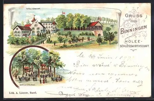 Lithographie Binningen, Holee-Schlosswirtschaft, Gartenterrasse