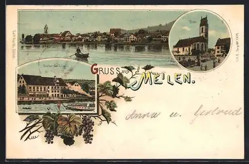 Lithographie Meilen, Gasthof zum Löwen, Kirche