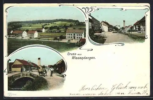 AK Wiesendangen, Strassenpartie mit Brücke, Ochsengespann, Teilansicht aus der Vogelschau