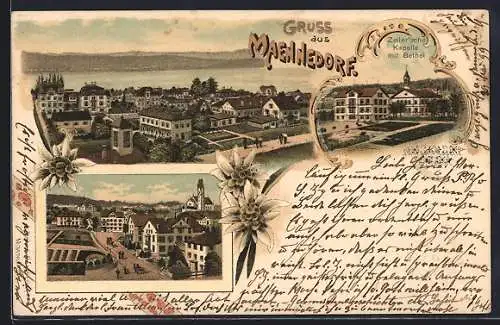 Lithographie Maennedorf, Zellersche Kapelle mit Bethel, Strassenpartie aus der Vogelschau