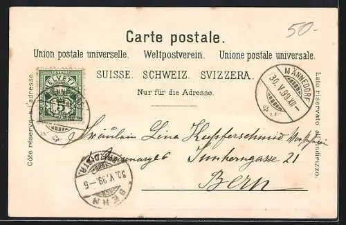 Lithographie Maennedorf, Zellersche Kapelle mit Bethel, Strassenpartie aus der Vogelschau