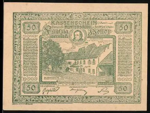 Notgeld Hinterbrühl 1920, 50 Heller, Gasthaus und Musiktempel, grüner Druck