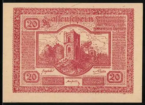 Notgeld Hinterbrühl 1920, 20 Heller, Burgruine-Motiv, Julier-Turm, roter Druck, Gemeindesiegel