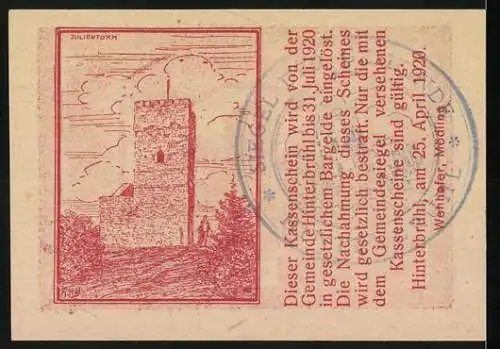 Notgeld Hinterbrühl 1920, 20 Heller, Burgruine-Motiv, Julier-Turm, roter Druck, Gemeindesiegel