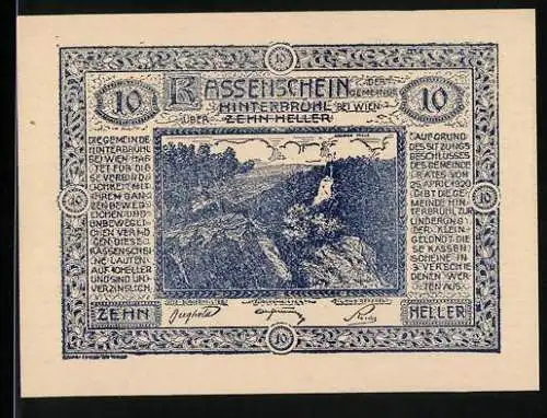 Notgeld Hinterbrühl 1920, 10 Heller, Landschaft mit Burgmauer und Waldszene