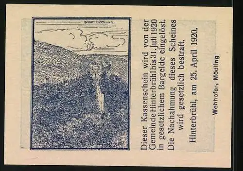 Notgeld Hinterbrühl 1920, 10 Heller, Landschaft mit Burgmauer und Waldszene