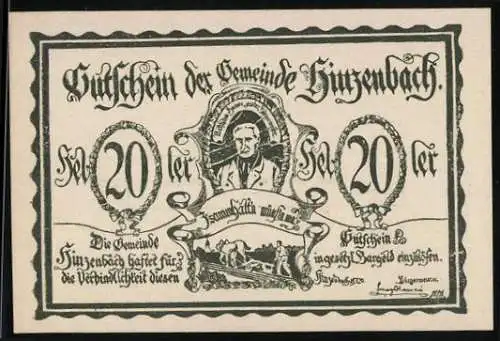 Notgeld Hinzenbach, 20 Heller, Porträt und Landschaftsszene, Druck von Karl Lanz, Eferding