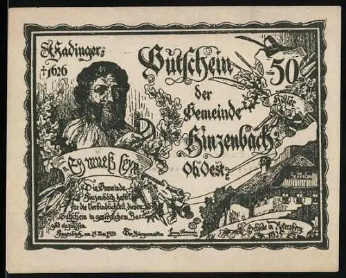 Notgeld Hinzenbach 1920, 50 Heller, Porträt mit Landschaftsszene und Text, Druck von Karl Lanz, Eferding