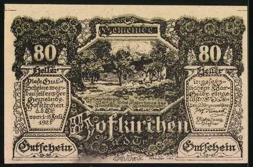 Notgeld Hofkirchen 1921, 80 Heller, Wappen und Landschaftsszene mit Gebäuden
