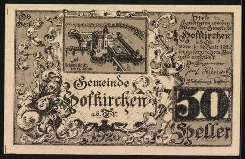 Notgeld Hofkirchen 1920, 50 Heller, Wappen und Schlossansicht