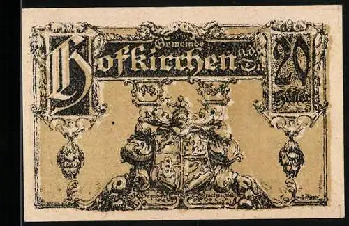 Notgeld Hofkirchen 1921, 20 Heller, Wappen und Dorflandschaft mit Kirche