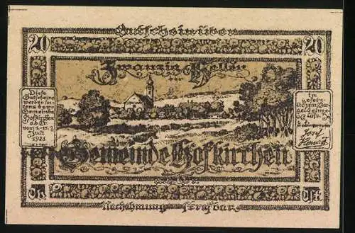Notgeld Hofkirchen 1921, 20 Heller, Wappen und Dorflandschaft mit Kirche