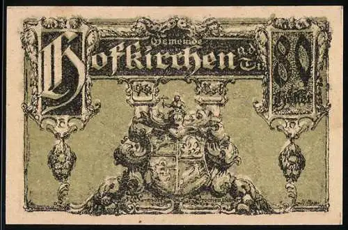 Notgeld Hofkirchen 1920, 80 Heller, Landschaftsmotiv und Wappen, Seriennummer und detaillierte Verzierungen