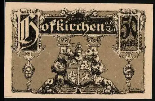 Notgeld Hofkirchen 1920, 50 Heller, Wappen und Schloss Leith im 17. Jahrhundert