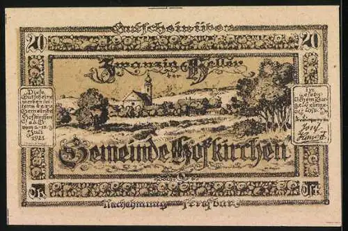 Notgeld Hofkirchen 1921, 20 Heller, Wappen und Landschaftsansicht