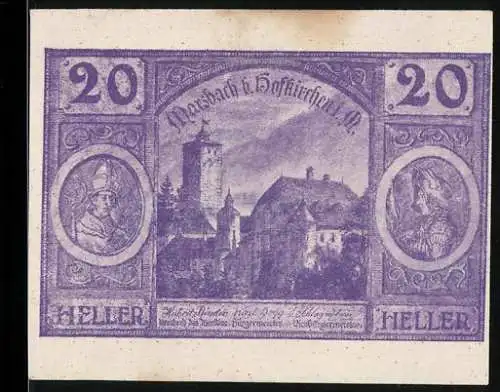 Notgeld Hofkirchen 1920, 20 Heller, Burgansicht und Portraits, lila Design