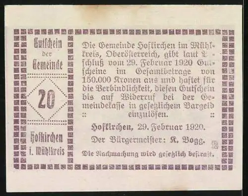 Notgeld Hofkirchen 1920, 20 Heller, Burgansicht und Portraits, lila Design