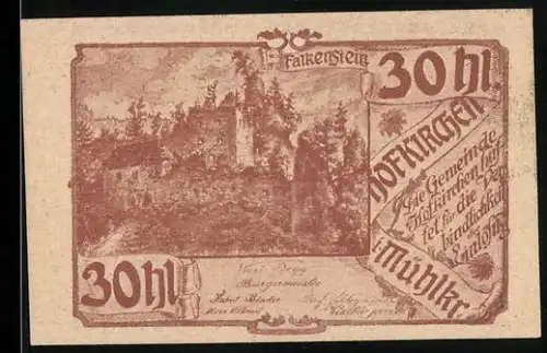 Notgeld Hofkirchen 1920, 30 Heller, Ruinenmotiv mit gotischer Schrift und historischem Text