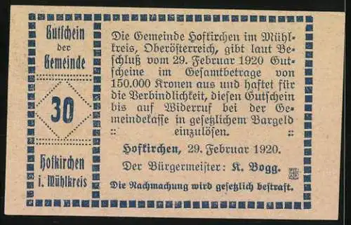 Notgeld Hofkirchen 1920, 30 Heller, Ruinenmotiv mit gotischer Schrift und historischem Text