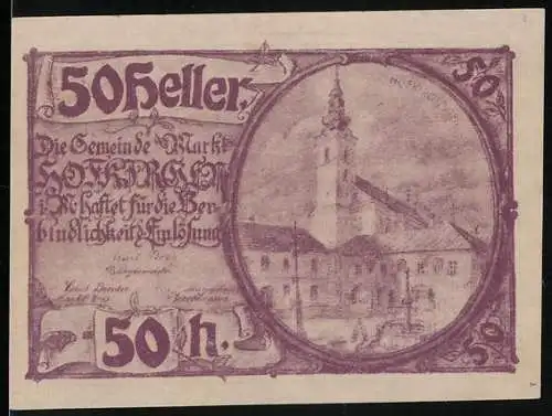 Notgeld Hofkirchen 1920, 50 Heller, Kirche und Gemeindeaufschrift