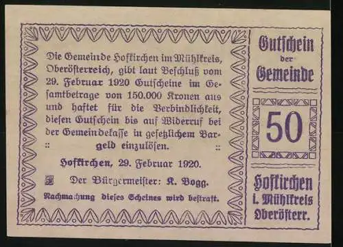 Notgeld Hofkirchen 1920, 50 Heller, Kirche und Gemeindeaufschrift