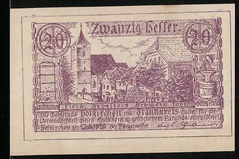 Notgeld Hofkirchen 1920, 20 Heller, Dorfansicht und Wappen, violett