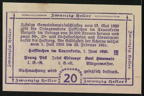 Notgeld Hofkirchen 1920, 20 Heller, Dorfansicht und Wappen, violett