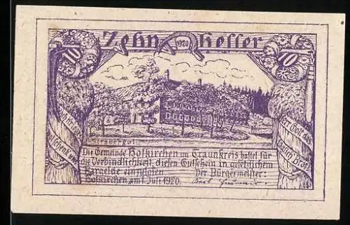 Notgeld Hofkirchen 1920, 10 Heller, Landschaft mit Gebäude und dekorative Verzierung