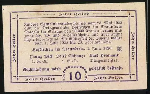 Notgeld Hofkirchen 1920, 10 Heller, Landschaft mit Gebäude und dekorative Verzierung
