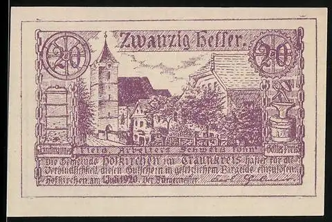 Notgeld Hofkirchen 1920, 20 Heller, Dorflandschaft mit Kirche und Häusern im Launreis Traunstein