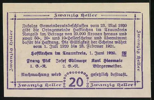 Notgeld Hofkirchen 1920, 20 Heller, Dorflandschaft mit Kirche und Häusern im Launreis Traunstein