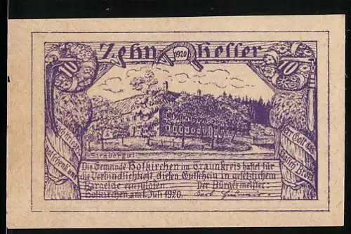 Notgeld Hofkirchen 1920, 10 Heller, Landschaftsmotiv mit Dorfansicht und Text