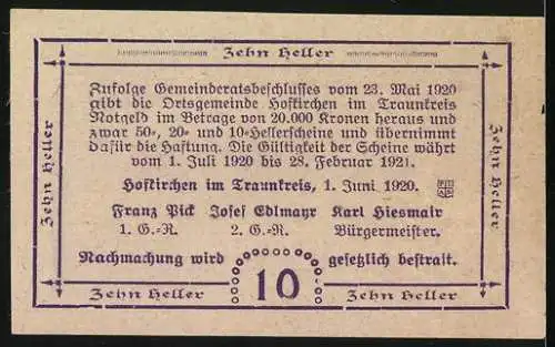 Notgeld Hofkirchen 1920, 10 Heller, Landschaftsmotiv mit Dorfansicht und Text