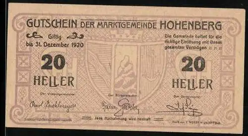 Notgeld Hohenberg 1920, 20 Heller, Gemeindewappen und Gültigkeit bis 31. Dezember 1920