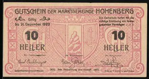 Notgeld Hohenberg 1920, 10 Heller, Wappen der Marktgemeinde, Gültig bis 31. Dezember 1920