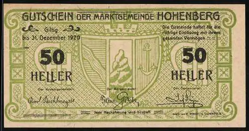 Notgeld Hohenberg 1920, 50 Heller, Wappen der Marktgemeinde Hohenberg