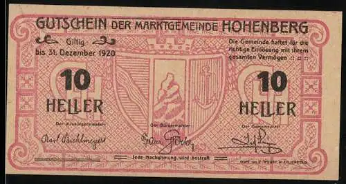 Notgeld Hohenberg 1920, 10 Heller, Wappen der Marktgemeinde, gültig bis 31. Dezember 1920