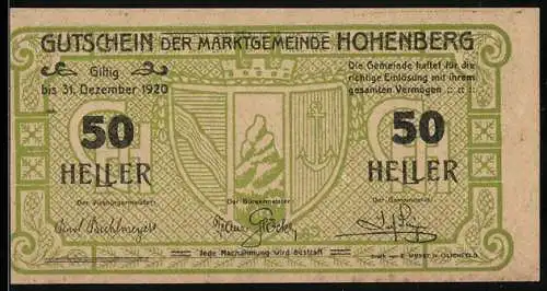 Notgeld Hohenberg 1920, 50 Heller, grünes Wappenmotiv, gültig bis 31. Dezember 1920