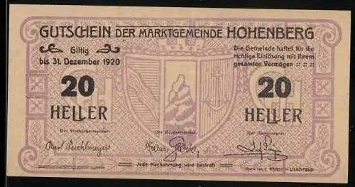 Notgeld Hohenberg 1920, 20 Heller, Wappen der Marktgemeinde mit Ornamenten