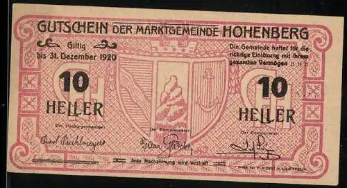 Notgeld Hohenberg 1920, 10 Heller, Wappen mit Bergmotiv, Seriennummer und Unterschriften