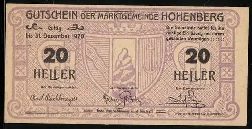 Notgeld Hohenberg 1920, 20 Heller, Wappen der Marktgemeinde, lila Muster