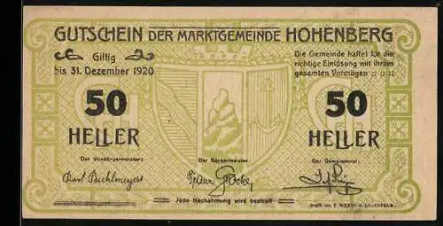 Notgeld Hohenberg 1920, 50 Heller, Wappen der Marktgemeinde, gültig bis 31. Dezember 1920