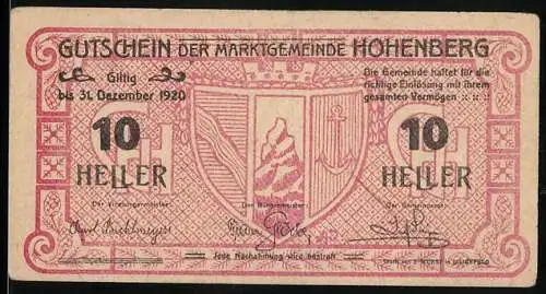 Notgeld Hohenberg 1920, 10 Heller, Wappen der Marktgemeinde Hohenberg, rote Verzierungsmuster